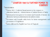 Write about the circumstances that lead to the requirement of judicial and military power to the Company. Describe essential features of Charter 1661.